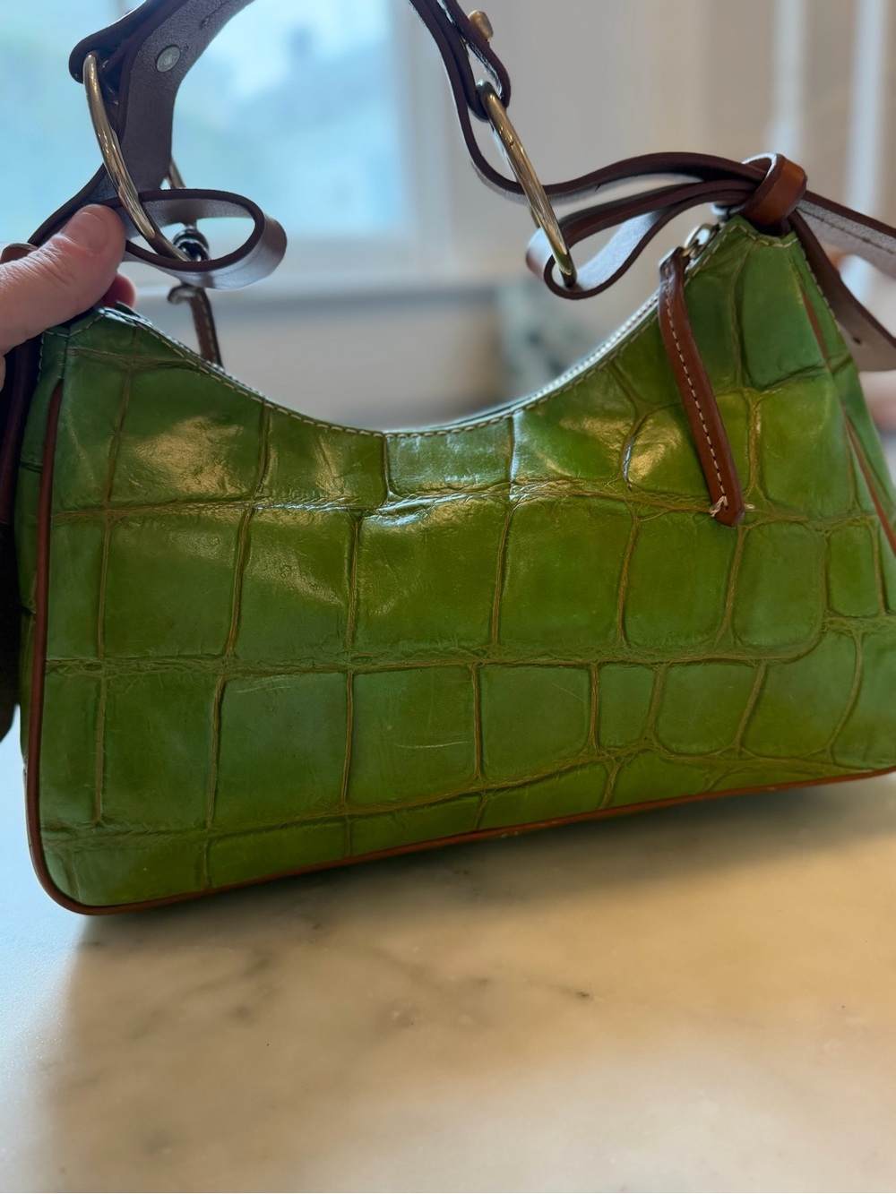 Dooney & Bourke Green Croc-Embossed Leather Shoulder Bag with Brown Trim - Picture 6 of 11